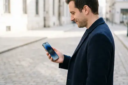 Ein Kunde, der sein generalüberholtes Nomophone-Smartphone benutzt, das Display ist eingeschaltet, auf einer Straße
