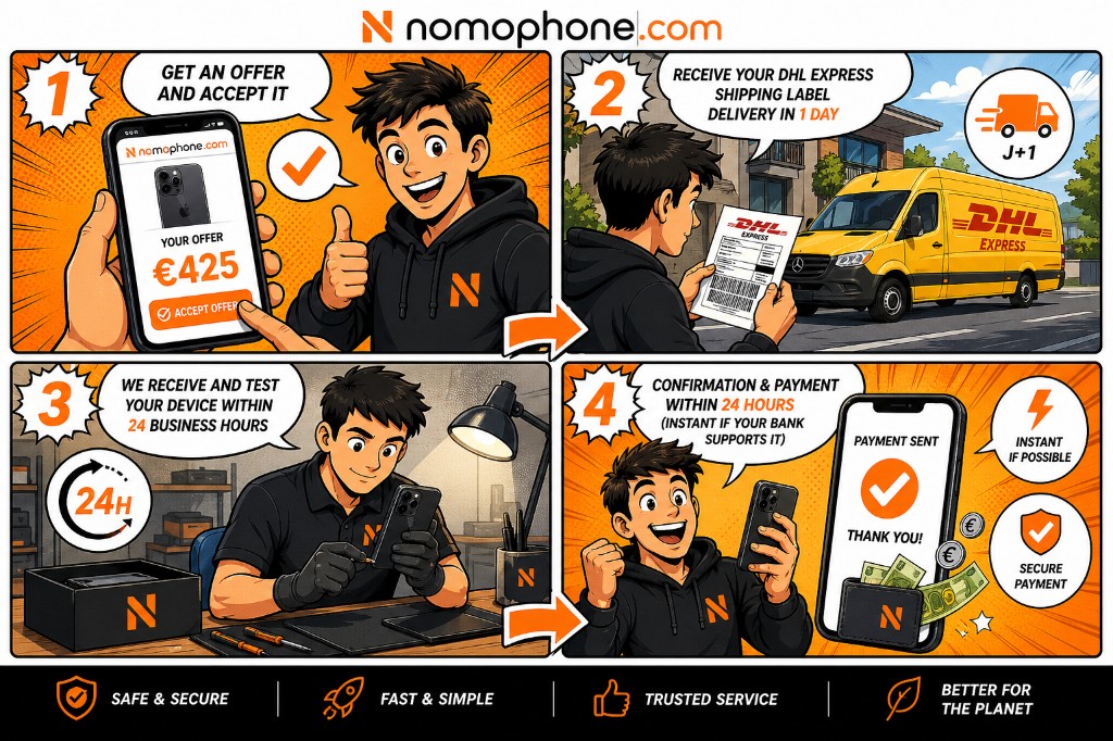 Four-step infographic on nomophone.com: get an offer on your phone, receive your DHL Express shipping label, we test your device within 24 business hours, then confirmation and payment within 24 hours.